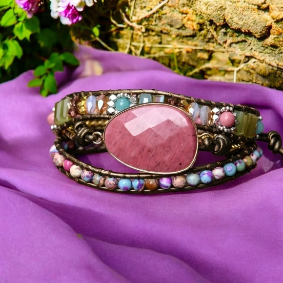 Triple Wrap Leather Bracelet Rhodonite Jasper Crystal Beads Boho Chic Jewelry - Picture 13 of 13